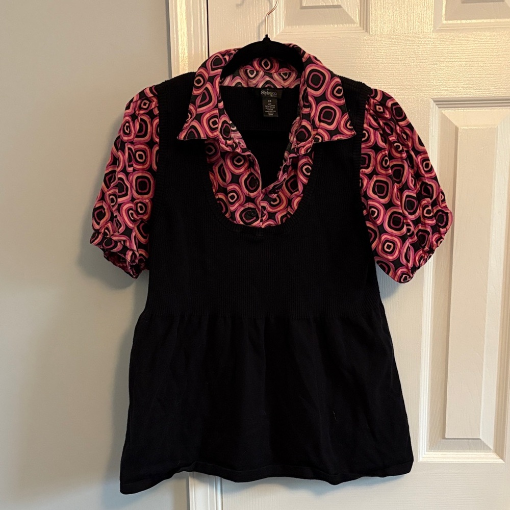 Style & Co. Black and Pink Geometric Layered Sweater Blouse Puff Sleeve 3X